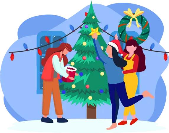 Gente decorando el árbol de navidad  Ilustración