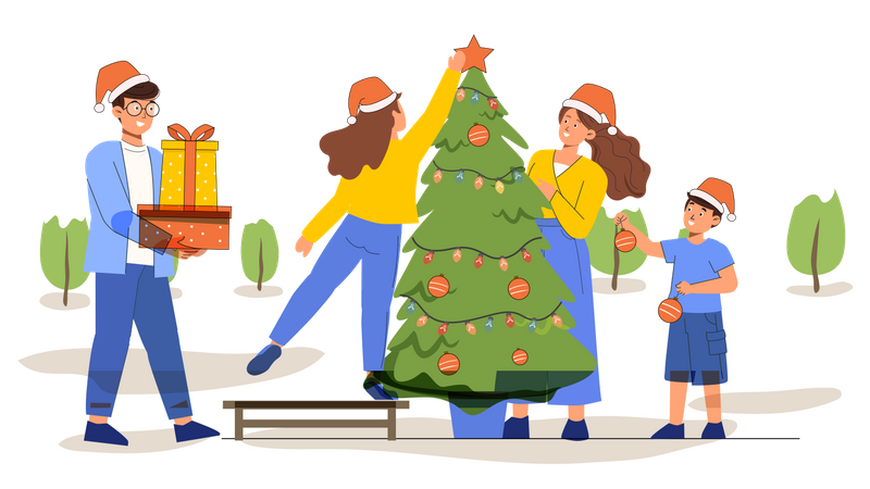 Gente decorando el árbol de navidad  Ilustración