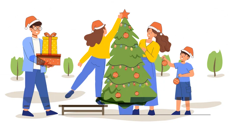 Gente decorando el árbol de navidad  Ilustración