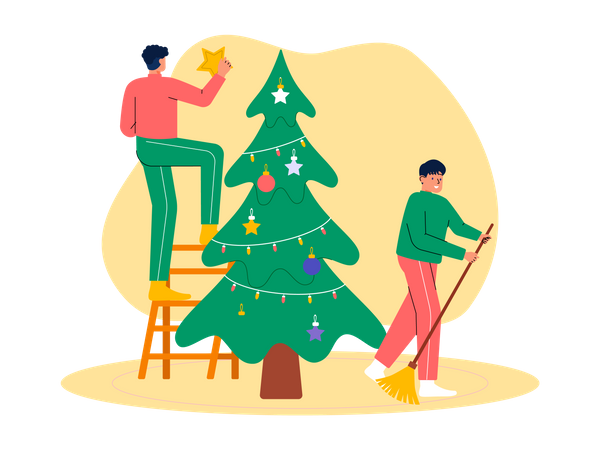 La gente adorna el árbol de Navidad.  Ilustración