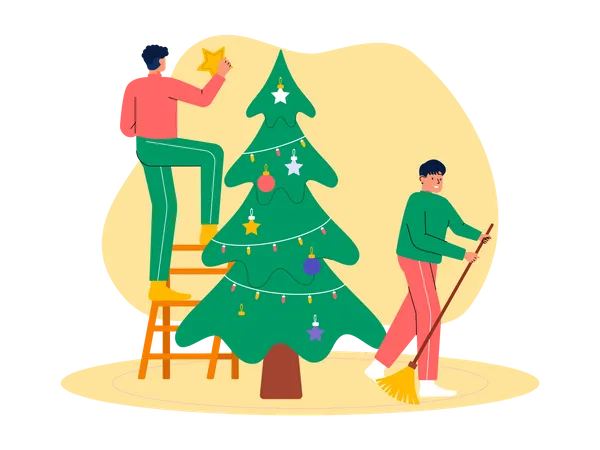 La gente adorna el árbol de Navidad.  Ilustración