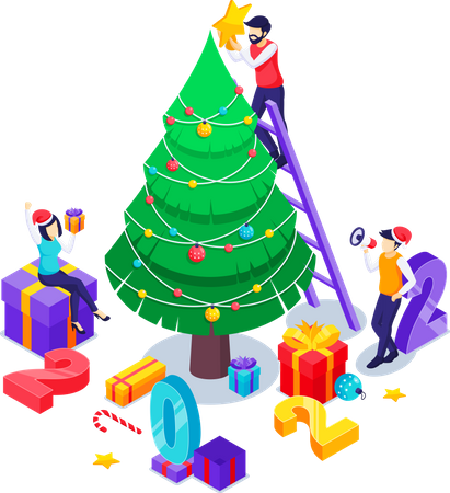 Personas dedicadas a decorar un árbol de Navidad.  Ilustración