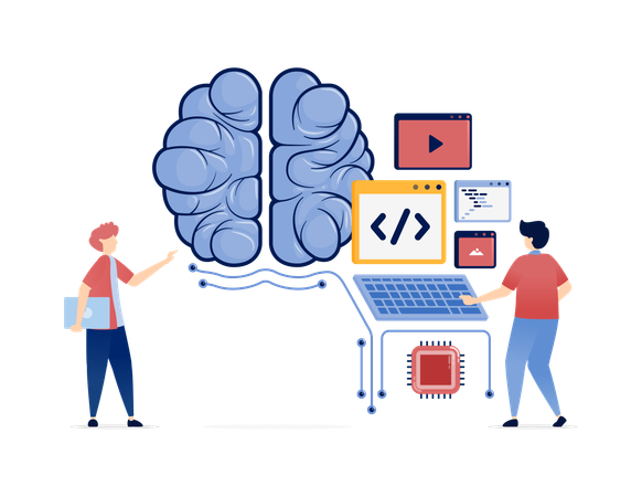 Personas que desarrollan inteligencia artificial con lenguajes de programación  Ilustración