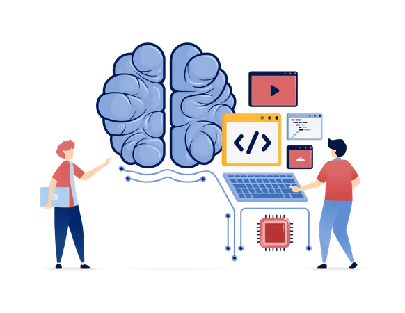 Personas que desarrollan inteligencia artificial con lenguajes de programación  Ilustración