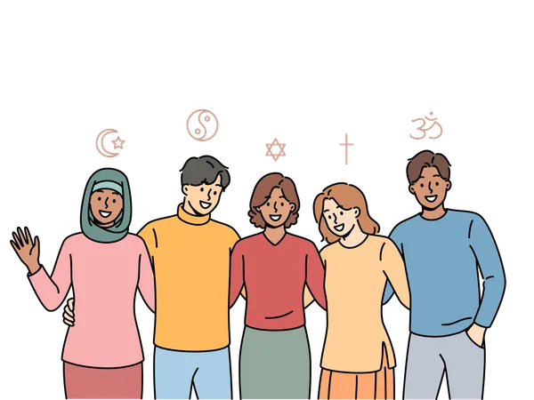 Personas de diferentes religiones se abrazan sintiendo unidad y ausencia de desacuerdos debido a diferencias de fe  Ilustración