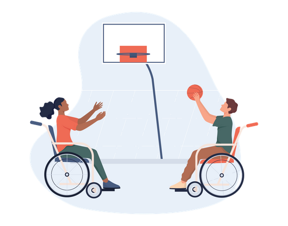 Personas discapacitadas en silla de ruedas jugando baloncesto.  Ilustración