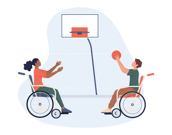 Personas discapacitadas en silla de ruedas jugando baloncesto.  Ilustración