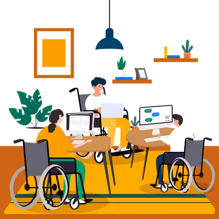Personas discapacitadas trabajando en una computadora portátil  Ilustración