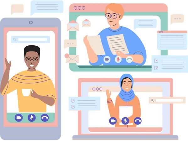 Personas discutiendo en videollamada  Ilustración