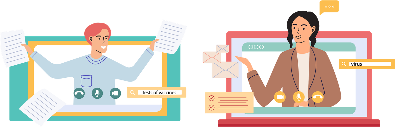 Personas discutiendo sobre vacunas en videollamada  Ilustración