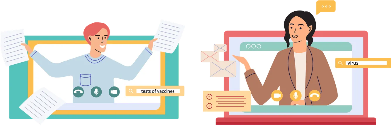 Personas discutiendo sobre vacunas en videollamada  Ilustración
