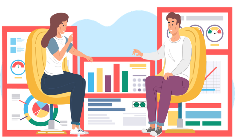 Personas discutiendo temas de desarrollo empresarial  Ilustración