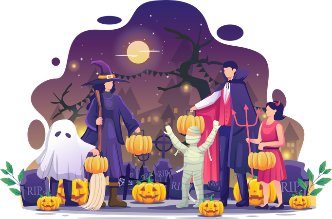 Personas disfrazadas de Halloween llevando calabazas  Ilustración