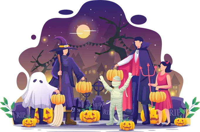 Personas disfrazadas de Halloween llevando calabazas  Ilustración