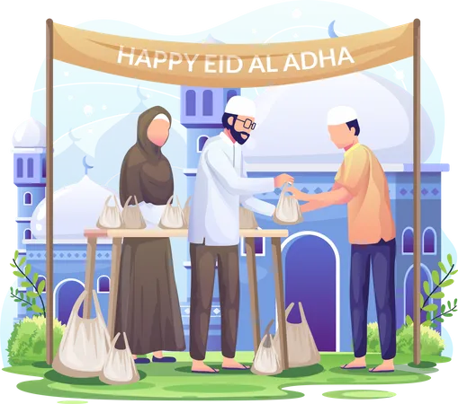 La gente distribuye carne de sacrificio en Eid al Adha  Ilustración
