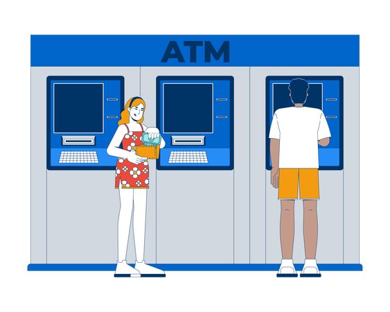 Diversas personas utilizan cajeros automáticos para realizar transacciones bancarias.  Ilustración