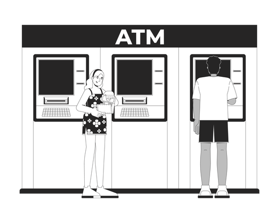 Diversas personas utilizan cajeros automáticos para realizar transacciones bancarias.  Ilustración