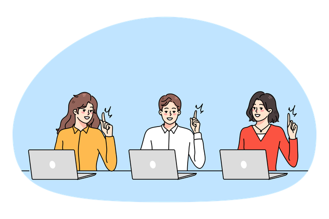 Personas diversas y sonrientes trabajando en computadoras generando ideas.  Ilustración