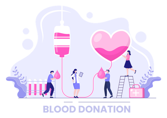 Personas donando sangre para la organización benéfica.  Ilustración