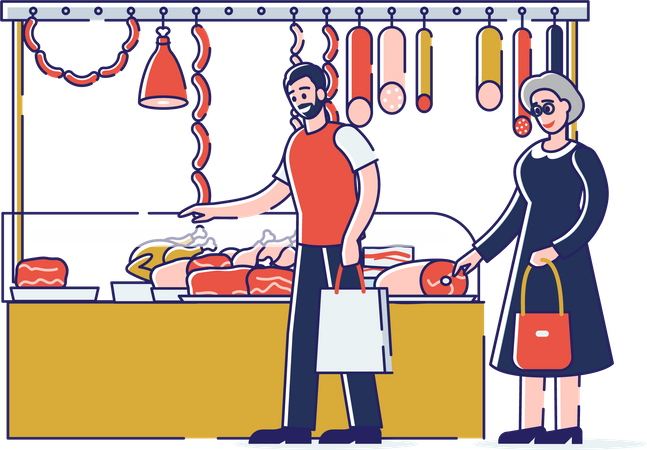 Gente eligiendo y comprando carne y haciendo cola  Ilustración
