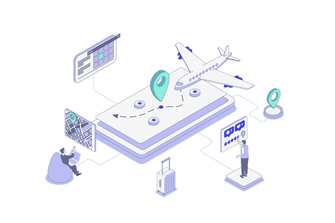 Personas que eligen rutas de vacaciones y agencias de viajes ofrecen destinos para recreación y reserva de vuelos  Ilustración