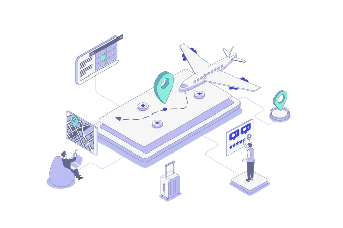 Personas que eligen rutas de vacaciones y agencias de viajes ofrecen destinos para recreación y reserva de vuelos  Ilustración