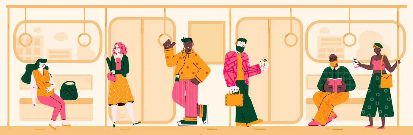 Personas de camino a casa en tren  Ilustración