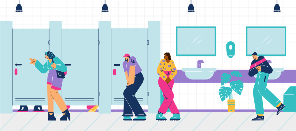 Personas en diferentes poses haciendo cola en un baño público.  Ilustración