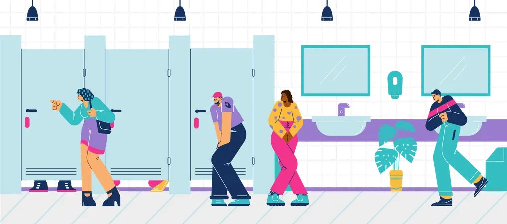 Personas en diferentes poses haciendo cola en un baño público.  Ilustración
