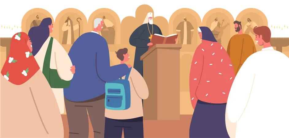 Personas en la iglesia ortodoxa durante el ritual sagrado  Ilustración