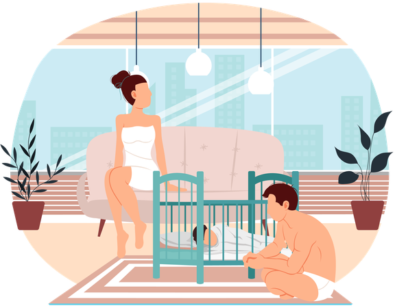 Las personas en ropa interior pasan tiempo juntas después del baño en casa.  Ilustración