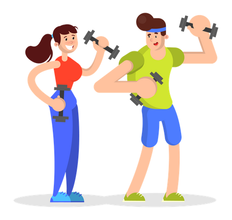 Personas en ropa deportiva haciendo ejercicio deportivo con mancuernas  Ilustración