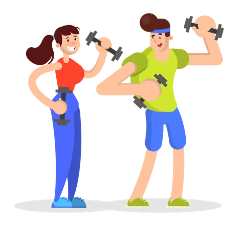 Personas en ropa deportiva haciendo ejercicio deportivo con mancuernas  Ilustración