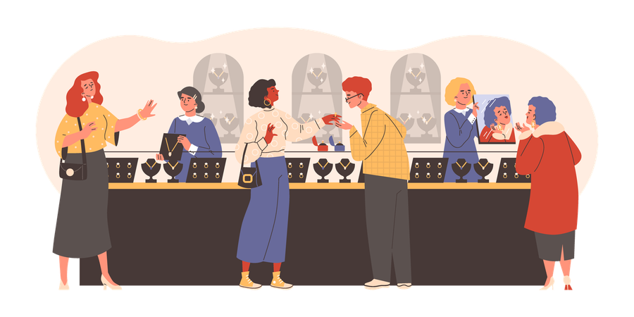 Personas en una joyería mientras miran joyas  Illustration