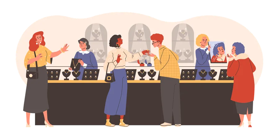 Personas en una joyería mientras miran joyas  Illustration