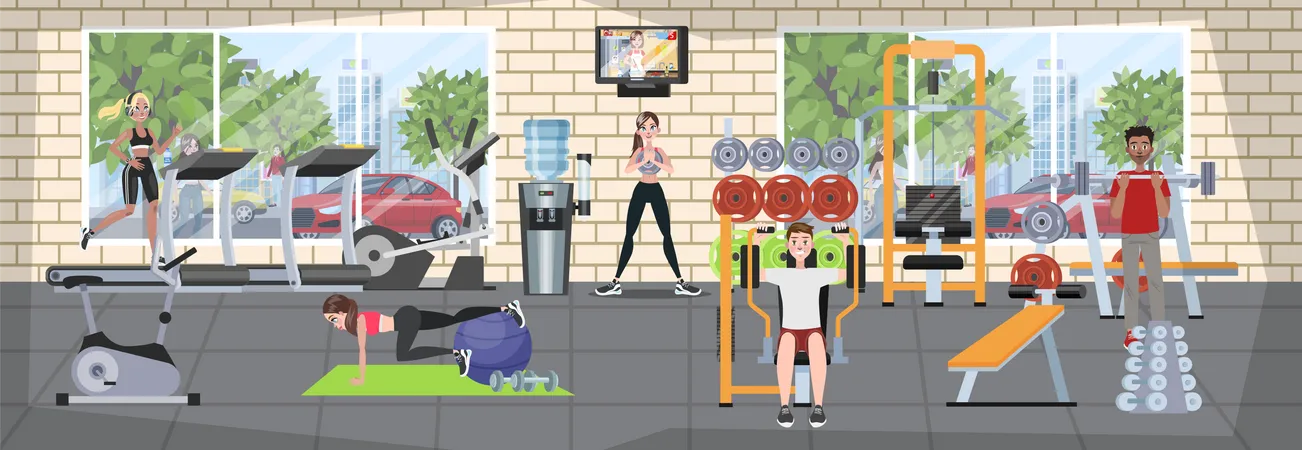 Gente entrenando en el gimnasio.  Ilustración