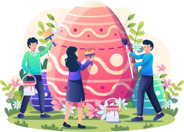 La gente está decorando y pintando un huevo de Pascua gigante.  Ilustración