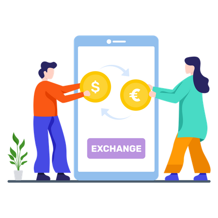 Personas haciendo cambio de moneda en línea  Illustration