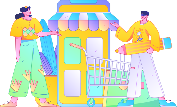 Personas haciendo compras móviles  Ilustración