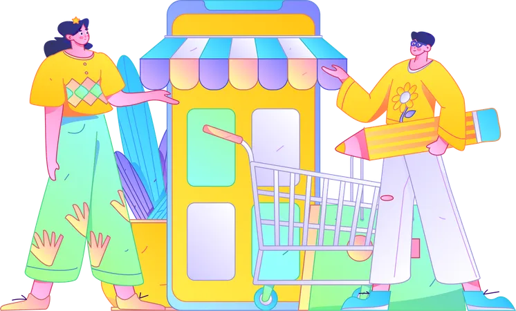 Personas haciendo compras móviles  Ilustración