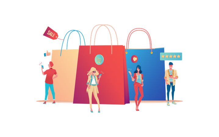 Personas haciendo compras en línea  Ilustración