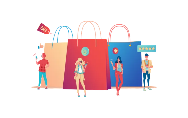 Personas haciendo compras en línea  Ilustración