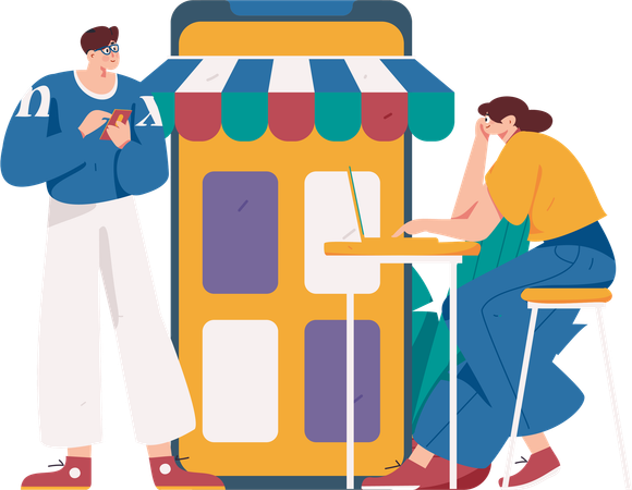 Personas haciendo compras móviles  Illustration