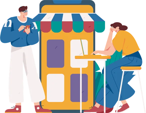 Personas haciendo compras móviles  Illustration