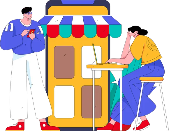 Personas haciendo compras móviles  Illustration