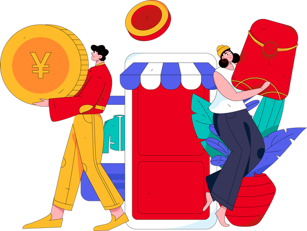 Personas haciendo compras móviles  Illustration