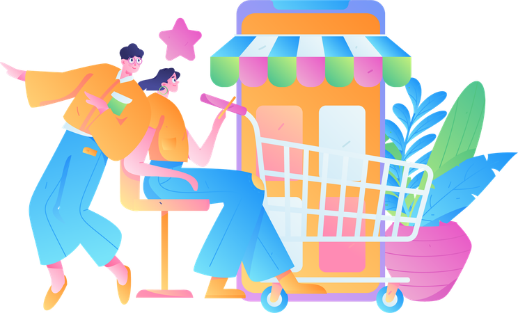 Personas haciendo compras móviles  Ilustración