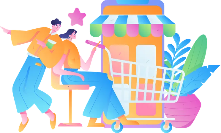 Personas haciendo compras móviles  Ilustración