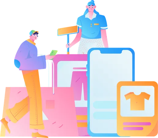 Personas haciendo compras móviles  Illustration