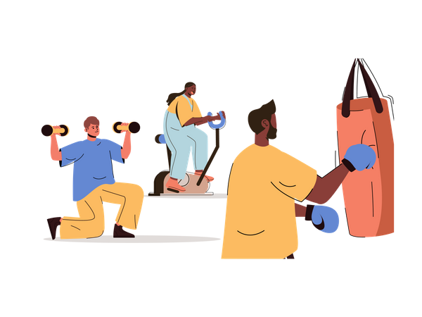 Gente haciendo ejercicio en el gimnasio.  Ilustración